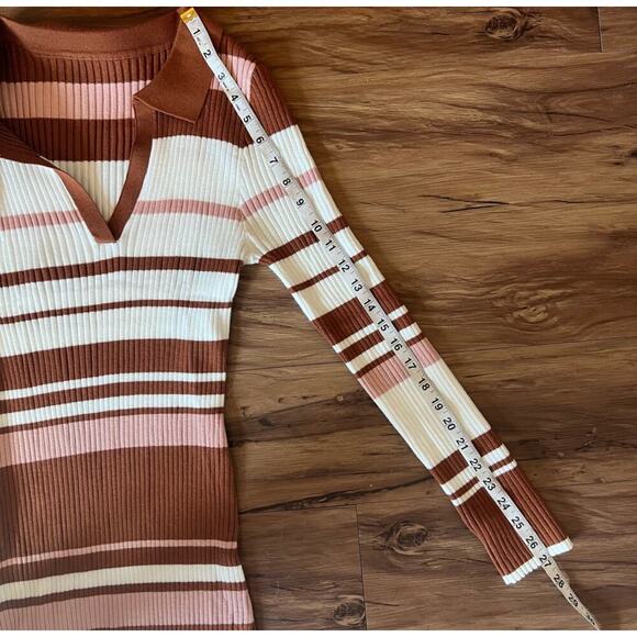 Brown White Pink Ribbed Striped Sweater Dress V-Neck Collared Bodycon Size XL - Picture 7 of 12